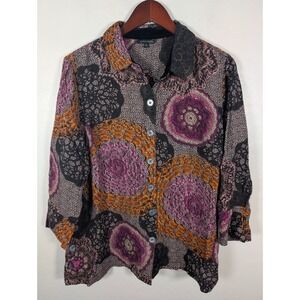 John Mark Blouse Womens Large Tunic Top Multicolor 3/4 Sleeve Doily Print Button